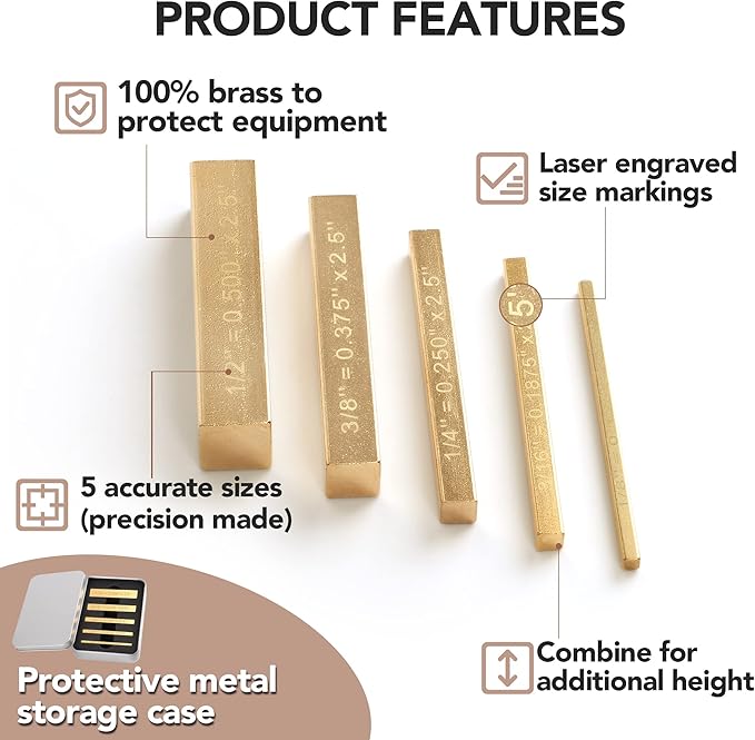 LOSTRONAUT Brass Setup Blocks Height Gauge Set - Set of 5 Table Saw Accessories for Woodworkers - Bars Include Laser Engraved Size Markings - Woodworking Tool - Brass Bar