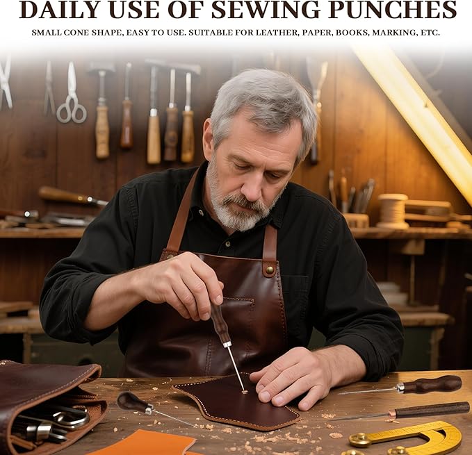9 PCS Leather Awl Tool Set - Professional Punch & Stitching Awl Tool, Gourd Shape Handle Punch Tools, Scratch Awls Sewing Tool for Leathercraft, Shoe Repair, DIY Sewing & Woodworking