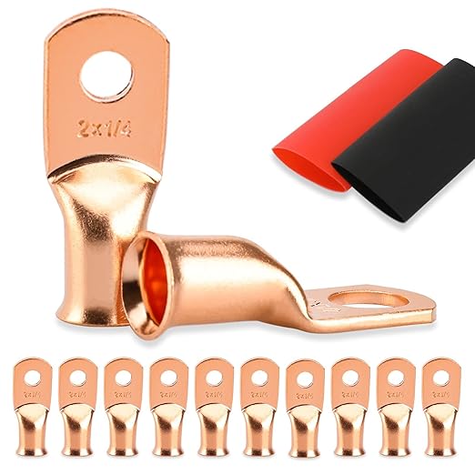 10PCS Battery Cable Ends, 2 Gauge Wire Connectors 1/4 Copper Wire Lugs, Bare Copper Eyelets with Heat Shrink Tubing by HOUSUN
