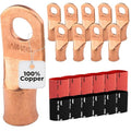 SELTERM 10pcs - 4/0 Awg - 1/2" Stud - Battery Lugs - Ring Terminal Connectors | with 12pcs 3:1 Black & Red Heat Shrink Tubing with Adhesive | Heavy Duty Battery Cable Ends - Bare Copper Wire Lugs Kit