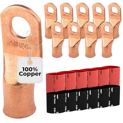 SELTERM 10pcs - 4/0 Awg - 1/2" Stud - Battery Lugs - Ring Terminal Connectors | with 12pcs 3:1 Black & Red Heat Shrink Tubing with Adhesive | Heavy Duty Battery Cable Ends - Bare Copper Wire Lugs Kit