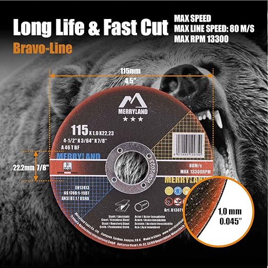 Merryland Cut Off Wheel 4 1/2 inch for Angle Grinder, Metal Cutting Wheel 4.5 X .045 X 7/8 Ultra Thin 50 Pack, Iron Stainless Steel Cutting Disc, Bravo-Line B13071042