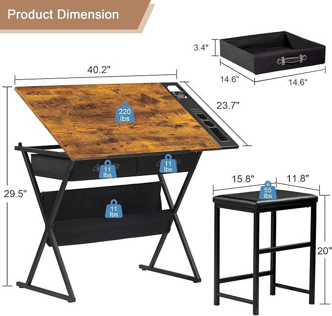 VECELO Drafting Table Art Desk Art Table Adjustable Drawing Table Tilted - Image 3