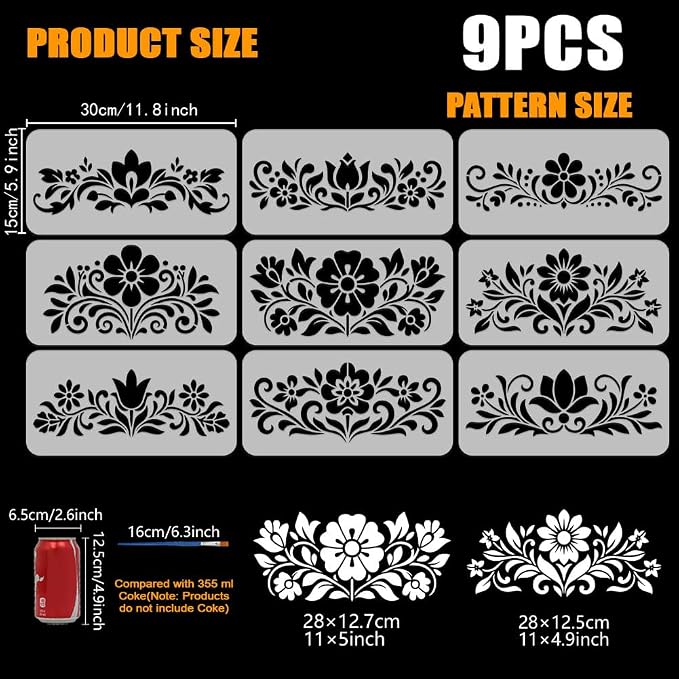 FINGERINSPIRE 9 Styles Folk Art Border Pattern Stencils - Image 2