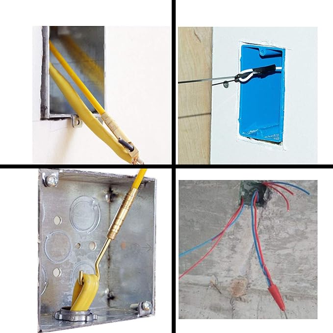 50' Fiberglass Cable Wire Running Rod Coaxial Electrical Connectable Fish Tape Pull Kit with Hook and Hole Kit in Transparent Tube, Yellow