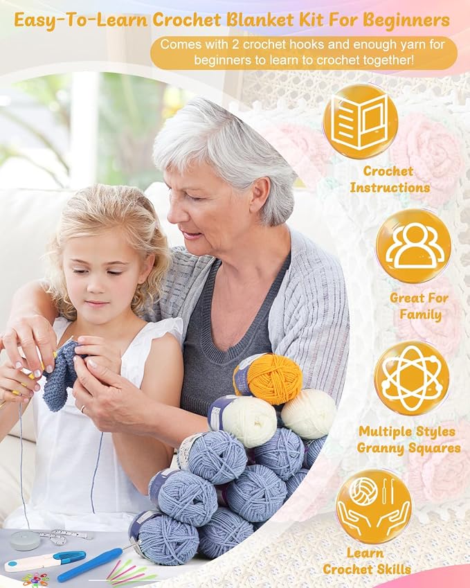 Coopay Crochet Kit Beginners for Blanket, Granny Squares Crochet Blanket Kit w - Image 3