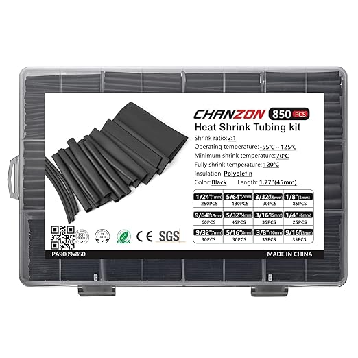 Chanzon 850 Pcs Heat Shrink Tubing Kit, 2:1 Heat Shrink Wrap Tubing with Length 1.77" (inch), Black Polyolefin Sleeving 2 to 1 Heat-Shrink Tube