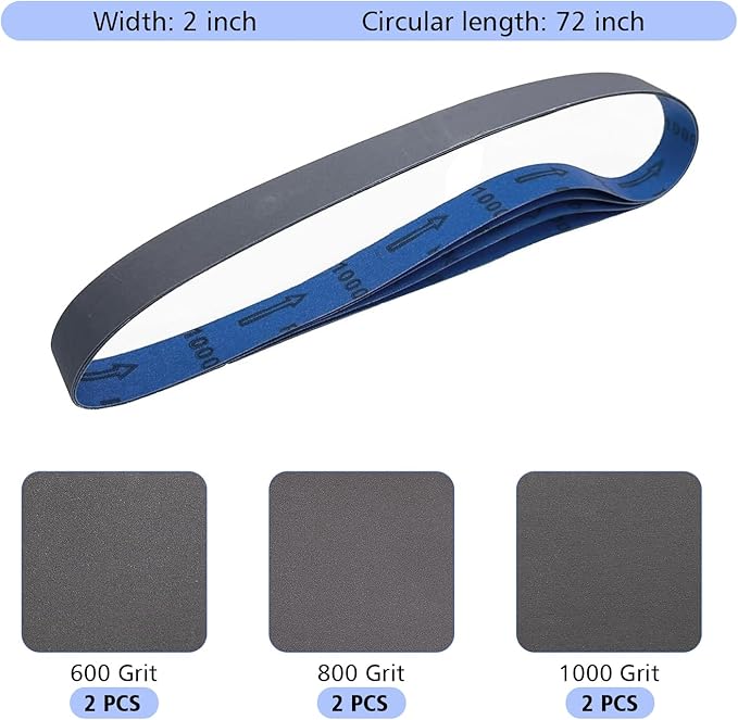 2 X 72 Inch Silicon Carbide Extra Fine Grit Sanding Belts 600, 800, 1000 Grits, 2x72 Grinding Belts for Knife Sharpening, 6 Pack Assortment