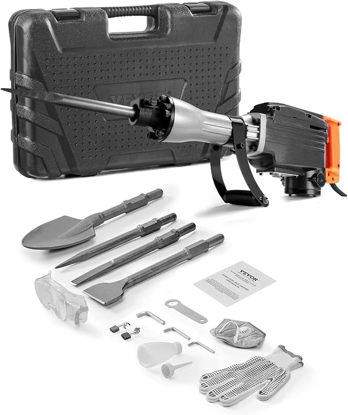 VEVOR Demolition Jack Hammer, 2200W Electric Jack Hammer Concrete Breaker, 1350 BPM Heavy Duty - 4pcs Chisels Bit with Case, Black