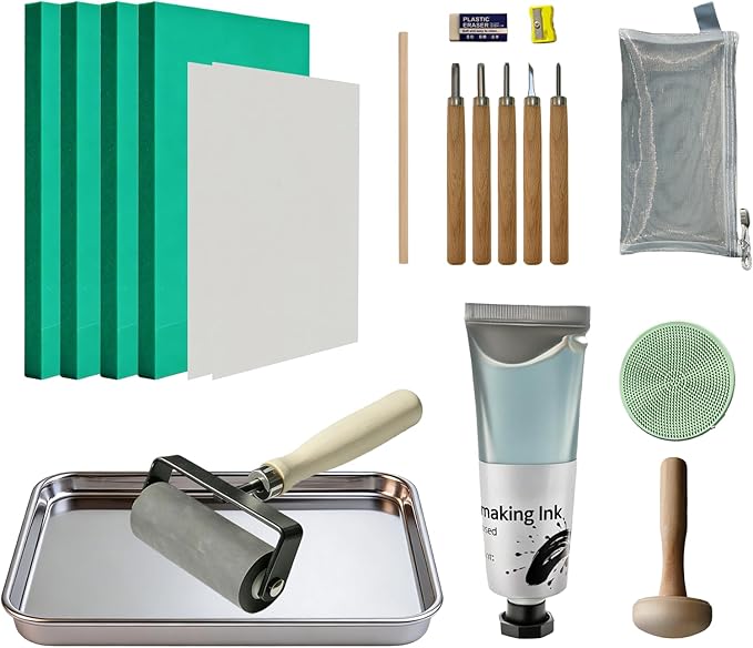 Linocut Kit for Printmaking, Stamp Making Kit, Linoleum Blocks Carving Tools by Unknown