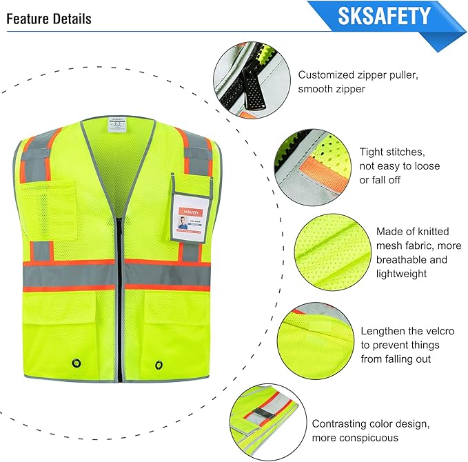 SKSAFETY 10 Pockets Safety Vest, Class 2 High Visibility Security with Zipper Double-sided mesh, Hi Vis Vest with Reflective Strips, ANSI/ISEA Standard, Construction Work Vest （Lime, 2XL）