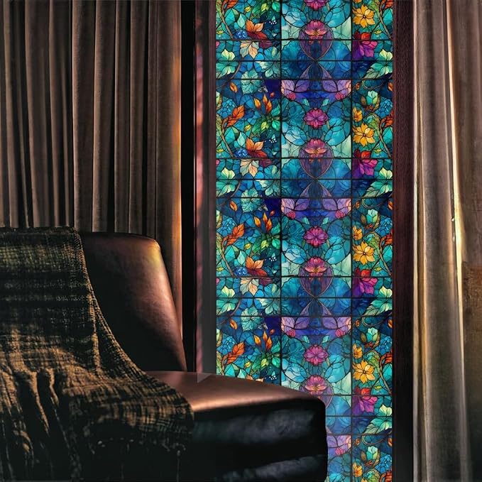 Purple Blue Pink Flower Leaf Stained Glass Window Films Decorative Double-Side - Image 4