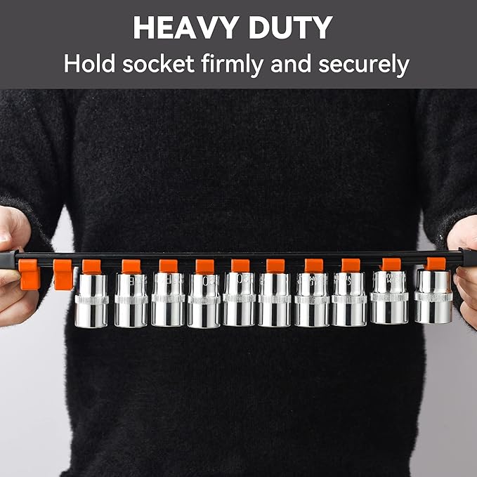 ALOANES 12 PC ABS Socket Organizer,1/2 inch, 3/8 inch, and 1/4 inch Drive Socket Rail Holders, Heavy Duty Socket Racks, Black Rails with Orange Clips