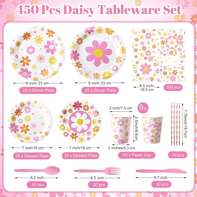 450 Pcs Daisy Groovy Tableware Set Decorations Boho Daisy Flower Paper Plates - Image 3