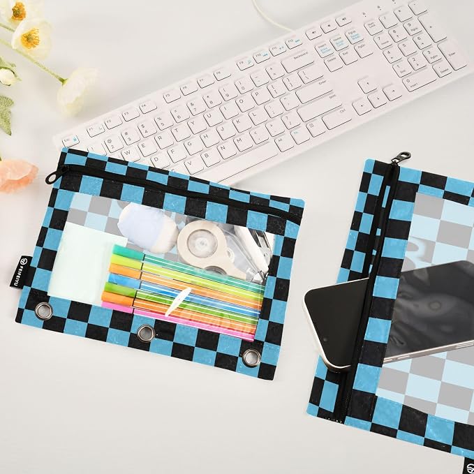 Custom Black Blue Checkered Pattern Pencil Pouch - Image 5