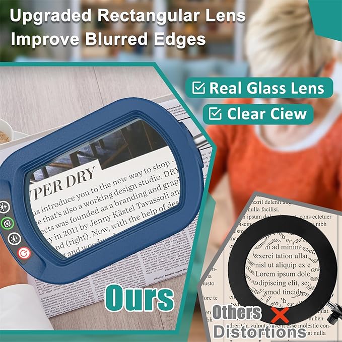 10X Rectangle Magnifying Glass with Light, 5 Color Modes Stepless Dimmable Magnifier with Stand, LED Lighted Clamp Desk Lamp with Swing Arm, Hands Free for Reading Painting Close Work - Blue