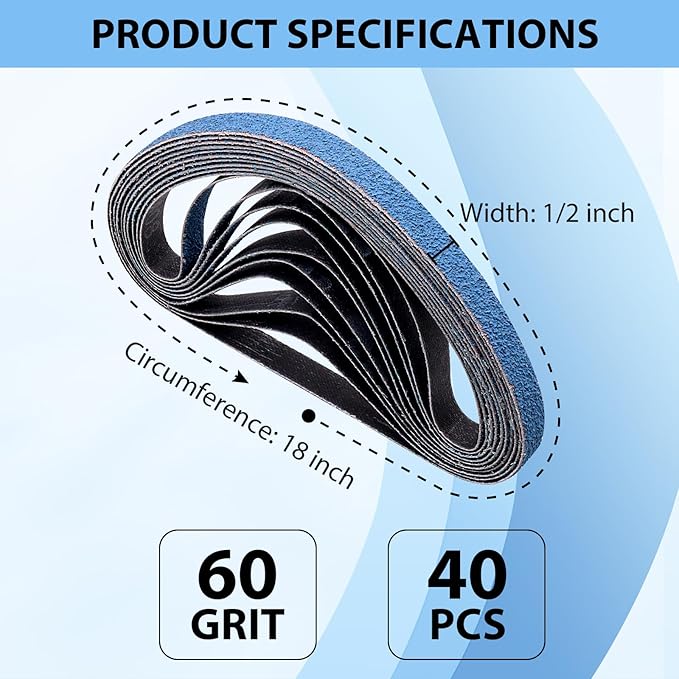 1/2 x 18 Zirconia Sanding Belts for Metal, 60 Grit 1/2x18 Inch Sander Belt for Air Belt Sander, Zirconia Metal Grinding Sand Paper for Knife Blade Sharpening, Metal Polishing, Derusting, 40Pcs