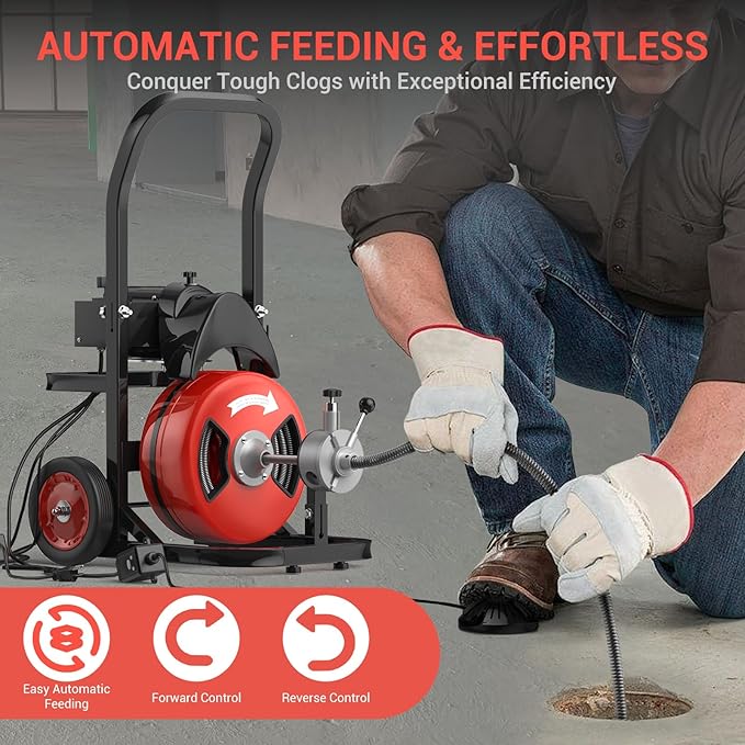 Drain Cleaning Machine 75Ft 1/2 Inch Cable, 450W Auto Feed Portable Electric Sewer Snake, Electric Drain Auger with 6 Cutter Air-Activated Foot Switch for 2" to 4" Pipes