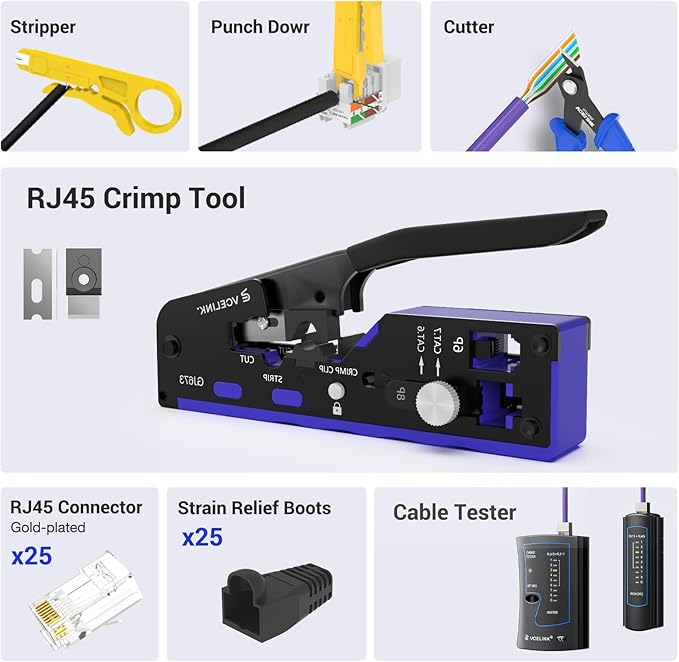 VCELINK Ethernet All-in-One RJ45 Crimp Tool Kit, Cat6/7 Crimping Tool Kit With Cable Tester,Wire Stripper, Cutters,Punch Down Tools, 25Pcs Cat 6 Connectors and Strain Relief Boots for DIY