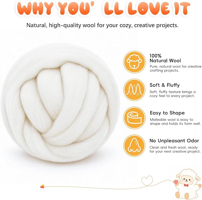 1.76oz Wool Roving: Needle Felting Wool White Roving Wool Felting Supplies Pure - Image 2