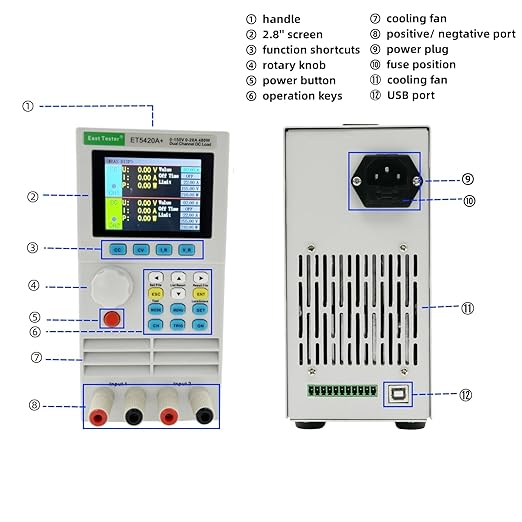 Electronic Load Tester ET5420A+ Dual Channel USB DC Load Testers Lithium Battery Power Supply Analyzer (0-150 V, 0-20A*2, 0-200W*2)