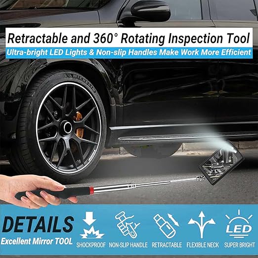 3PCS Telescopic Inspection Mirror,Stainless Steel LED Telescoping Inspection Mirror,Portable 360 Degree Rotating Mechanic Mirror with Long Handle Tool(Oval, Round,Square)