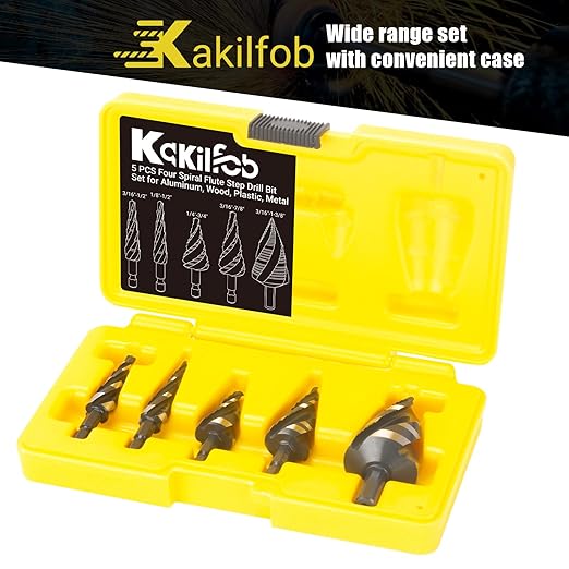 Four Spiral Flute Step Drill Bit Set, 5 Pieces 1/8"-1-3/8" HSS Unibit Step Drill Bit, 1/4" and 3/8" Shank Step Bits for Metal, Aluminum, Wood, Plastic