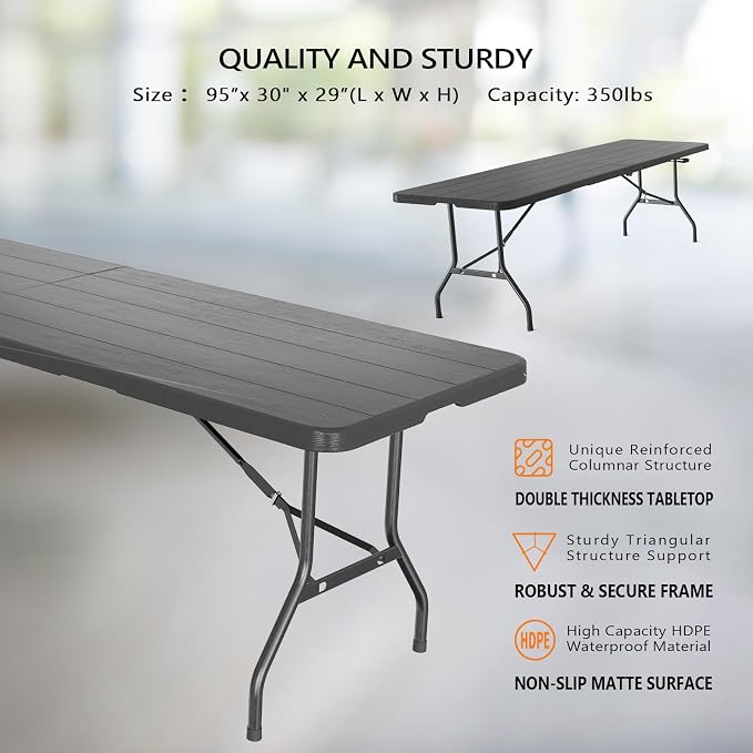 VINGLI 8 Foot Plastic Folding Table Portable Long Table - Image 8