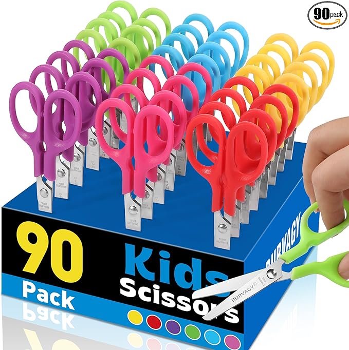 90Pack 5" Small School Student Blunt Kids Craft Scissors, Sharp Stainless Steel Blades Safety Toddler Kid Child Comfort Grip Scissors Bulk for Children Cutting Paper