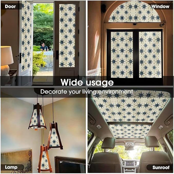Grey Blue Star Boho Geometric Beige Modern Stained Glass Window Films - Image 5