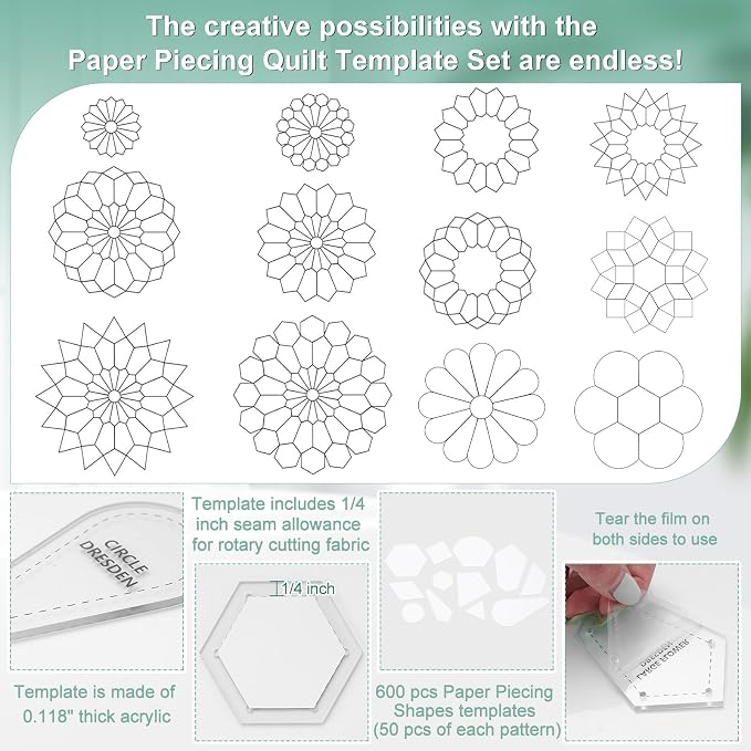 Cinnvoice 612 Pcs Patchwork Paper EPP English Piecing Supplies 12 Shapes - Image 3