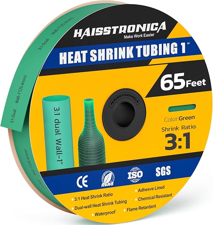 haisstronica 3:1 Heat Shrink Tubing, Shrink Ratio Adhesive Lined Marine Grade Heat Shrink Tube for Home, Automotive and Industrial (Green) 65FT 1inch