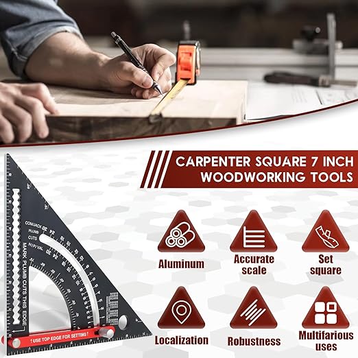 7 inch Carpenter Square, Woodworking Triangle Ruler Set, CNC Aluminum Alloy Framing Square, Adjustable Angle Carpentry Triangle Ruler, Multifunction Carpenter Square Protractor with 5 Pencils