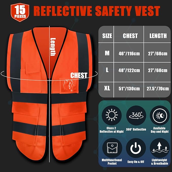 15 Pack Reflective Safety Vests with Pockets and Zipper High Visibility Vest Construction Work Vest for Men Women(Orange Red, Medium)