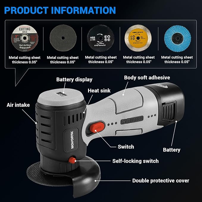 Brushless Angle Grinder Tool, Cordless Mini Angle Grinder Brushed with 2pcs 16.8V 2000mAh Battery 5-Cutting Discs, Power Angle Grinder for Wood Metal Stone Concrete