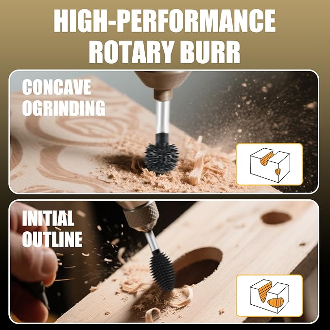 CAELUM 2 Pcs Rotary Burr Kit, 1/8" Shaft, Very Coarse - Woodworking Attachment for Dremel, Foredom, DeWalt, Milwaukee Tools, Carving Burrs for Carving Engraving in Wood, Rubber, Plastic