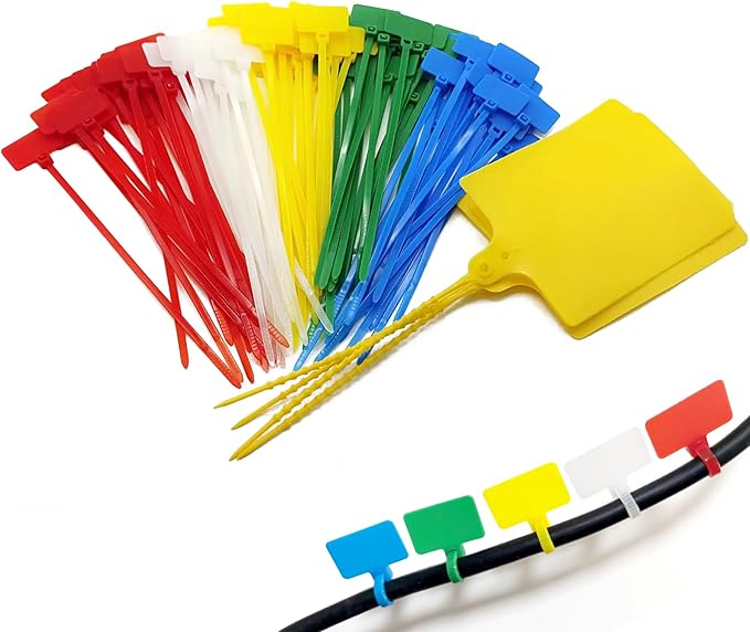 Cable Marker Tie Tags, 104Pcs Self-Locking Zip Tags Write on Label, Nylon Wire Label Multicolor Network Marking for Home Office-5 Colors/6Inch