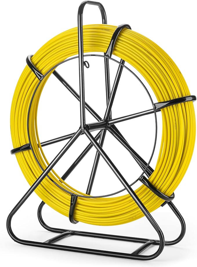 6MM x 656FT (200M) Fiberglass Fish Tape with Steel Reel Stand, Duct Rodder Cable Puller Tool for Electrical Wiring, Conduit, Wall Pipes