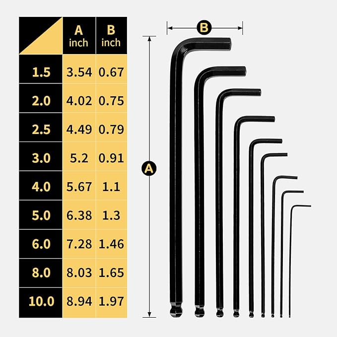Extra Long Hex Key Ball End Cr-V Steel Tools – 9PCS Metric Allen Key Set, Cr-V, 1.5–10mm, 9in Length, Black Finish, Great for Deep Slots, Auto Maintenance, Home Use