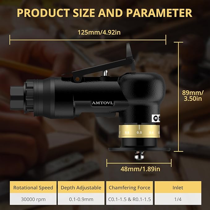 AMTOVL Air Chamfer Tool - Mini Pneumatic Chamfering Machine, 30000 RPM Pneumatic Chamfering Tool, 45 Degree Air Beveling Machine with 1/4 Inch Air Inlet for Metal, Wood - Black