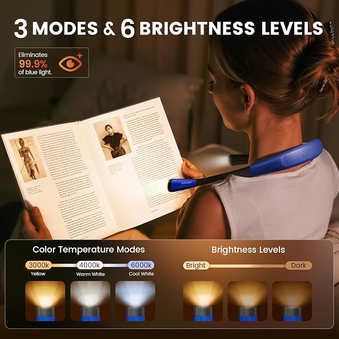 Glocusent Book Light, 3-Color & 6-Brightness Reading Light, Bendable Neck Light - Image 2