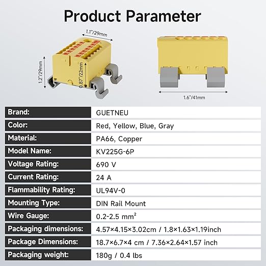 4Pcs KV225G DIN Rail Terminal Blocks, 6-Pole 1 in 12 Out Push-in Wire Connector/Splitter, 690V 24A