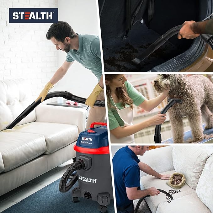 Stealth Wet/Dry Vacuum 5 Gallon, 5.5 Peak HP Shop Vacuum with Blower & Drain Port for Home, Garage, Car, Workshop,ECV05P2