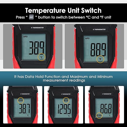 Thermocouple Thermometer Digital K Type Thermometer, Single Channel Thermocouple Tester(-328~2501℉) with 1 Temperature Clamp and 1 Wired Thermocouple Probes LCD Display Temperature Tester for K Type