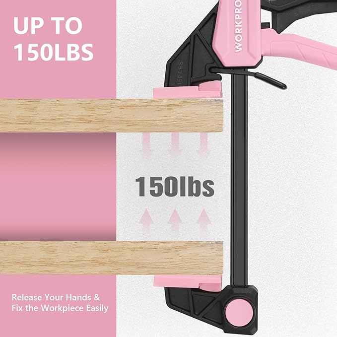 WORKPRO Mini Bar Clamps for Woodworking, 6"(2) and 4-1/2"(2), 4-Piece One-Handed Clamp/Spreader, Light-Duty Quick-Change F Clamp with 150lbs Load Limit - Pink Ribbon