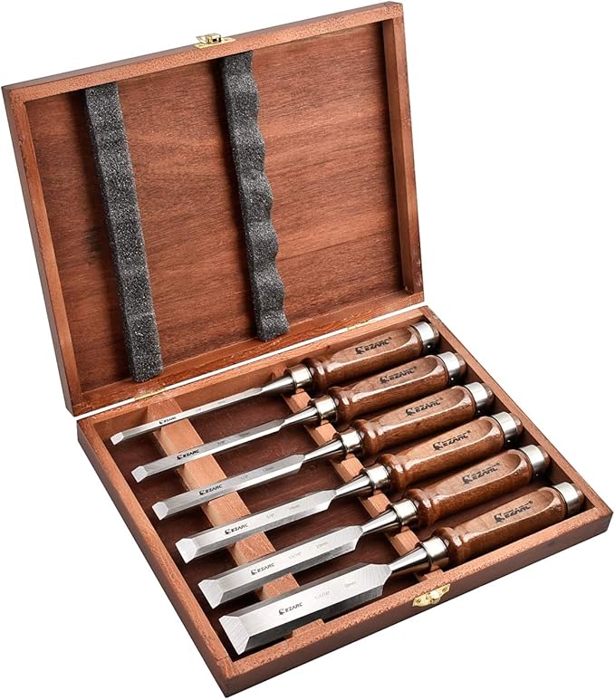 EZARC 6 Pieces Wood Chisel Tool Sets Woodworking Carving Chisel Kit with Premium Wooden Case for Carpenter Craftsman