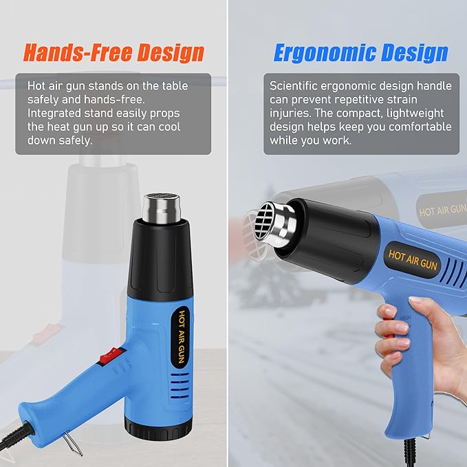Heat Gun for Vinyl Wrap,Shrink Tubing,Paint,Epoxy Resin,Candle Making,Adjustable Temperature,Overload Protection Hot Air Gun Kit Nozzles(Rear Temp Display + Precision Button Temp Control)