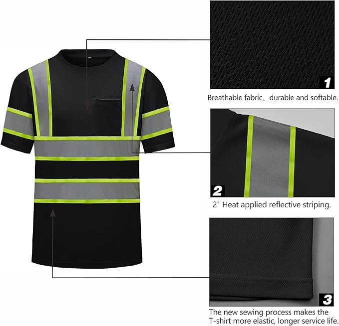 High Visibility Shirts Quick Dry Safety T Shirts with Reflective Strips and Pocket Short Sleeve Mesh Hi Vis Construction Work Class 2 Shirt for Men/Women Black,4XL