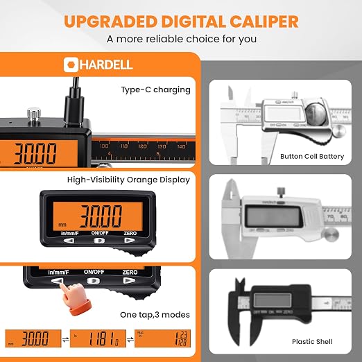 HARDELL Digital Caliper 8" USB-C Charging – Orange Display, Non-Backlit | - Image 6