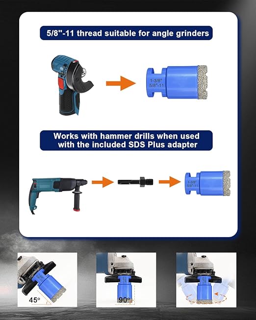 Diamond Tile Hole Saw Kit - 10Pcs 1/4'' X 2, 5/16'', 4/5'', 1-3/8'', 2'', 2-1/2'' Drill Bits, 4/5'' Finger Milling Bit, 2'' Beveling Chamfer Bit, SDS Adapter for Porcelain Tile Ceramic Granite Marble